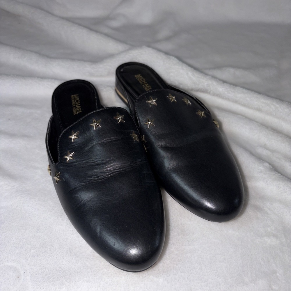Michael Michael Kors Natasha Star Studded Mules Black Gold Accents 8M Office EUC